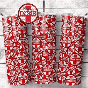 May include: Three red and white stainless steel tumblers with the text "Nurse Rached" repeated in a pattern.