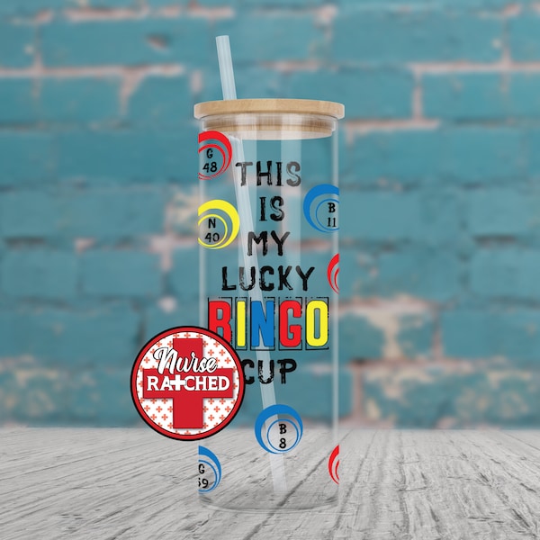 This Is My Lucky Bingo Cup, Bingo, Glass Tumbler Design, Glass Tumbler, PNG, Bamboo & Clear Lid, Sublimation Design, Digital Download, Png