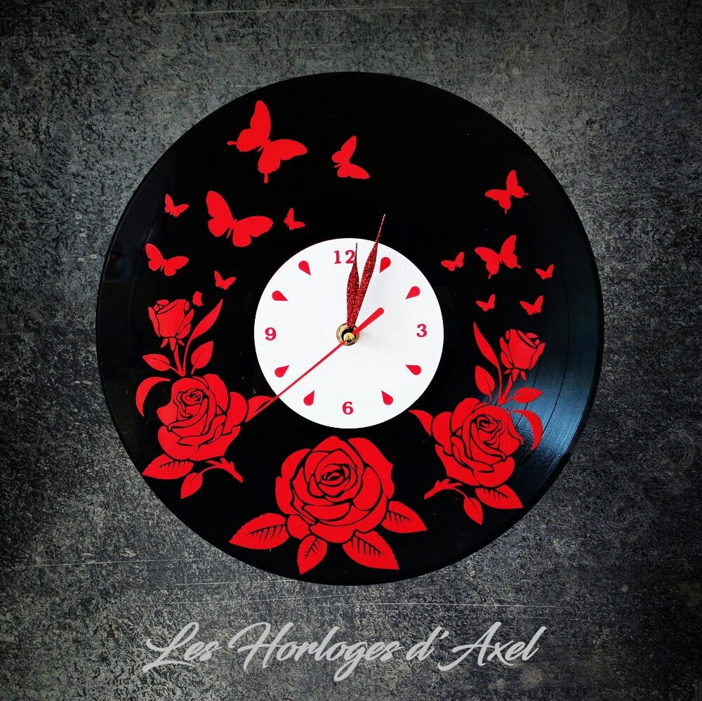 Horloge Murale en Disque Vinyle 33 Tours/Thème Fleurs Papillons Fait-Main