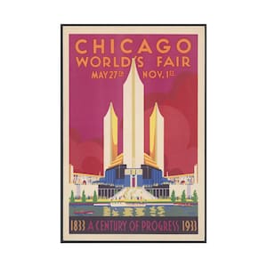 以下が含まれることがあります： 1933 年のシカゴ万国博覧会「進歩の世紀」を宣伝するヴィンテージポスター。ポスターには、赤とピンクの空を背景に、博覧会の象徴的な建物のスタイリッシュなイラストが描かれています。