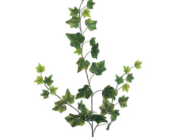 May include: A decorative artificial ivy branch featuring multiple stems with variegated green leaves. The foliage displays a mix of light and dark green tones with visible vein patterns on each leaf, arranged along thin, flexible brown stems.