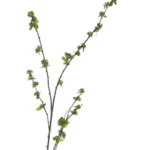 May include: A decorative artificial branch featuring thin, dark brown stems that split into two main sections. The stems are adorned with small, vibrant light green leaves and clusters of tiny buds distributed along the length of the branches.