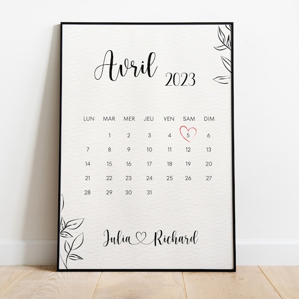 Affiche personnalisée calendrier - Calendrier personnalisé avec la date de rencontre mariage - naissance | Cadeau anniversaire mariage