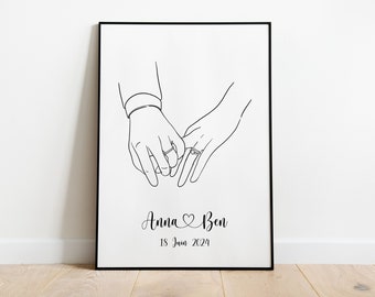 Affiche personnalisée mariage main prénoms et date - affiche minimaliste personnalisable - cadre couple personnalisée - Cadeau Mariage