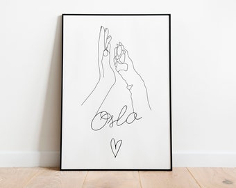 Personalized dog paw poster - Minimalist hand and dog illustration - personalized gift first name