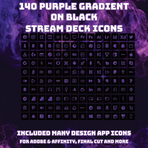 Streamdeck Icons - Meer dan 140 paarse verlopen op zwarte achtergrond Streamdeck Icons - Streamdeck buttons - Graphics Stream Deck Buttons