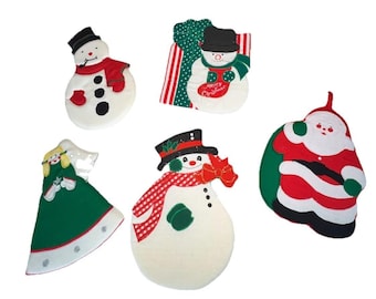 Vtg 80s Christmas Potholders Set 5 Santa Snowman Angel W-C Imports Ramie Linen
