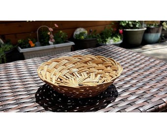 Vintage Wicker Rattan Woven Slat Bowl Basket 9" Boho MCM Farmhouse Decor