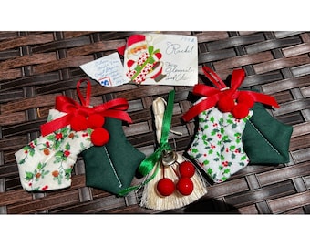 Vintage 1992 Handmade Christmas Ornament Set Holly Leaves Broom Retro Kitsch