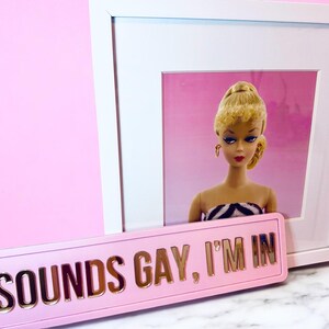 May include: A pink sign with gold lettering that reads "SOUNDS GAY, I'M IN". The sign is in front of a white picture frame with a pink background. A doll with blonde hair is in the picture frame.