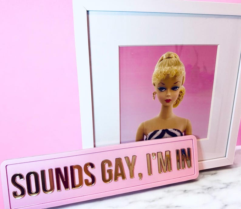 May include: A pink sign with gold lettering that reads "SOUNDS GAY, I'M IN". The sign is in front of a white picture frame with a pink background. A doll with blonde hair is in the picture frame.