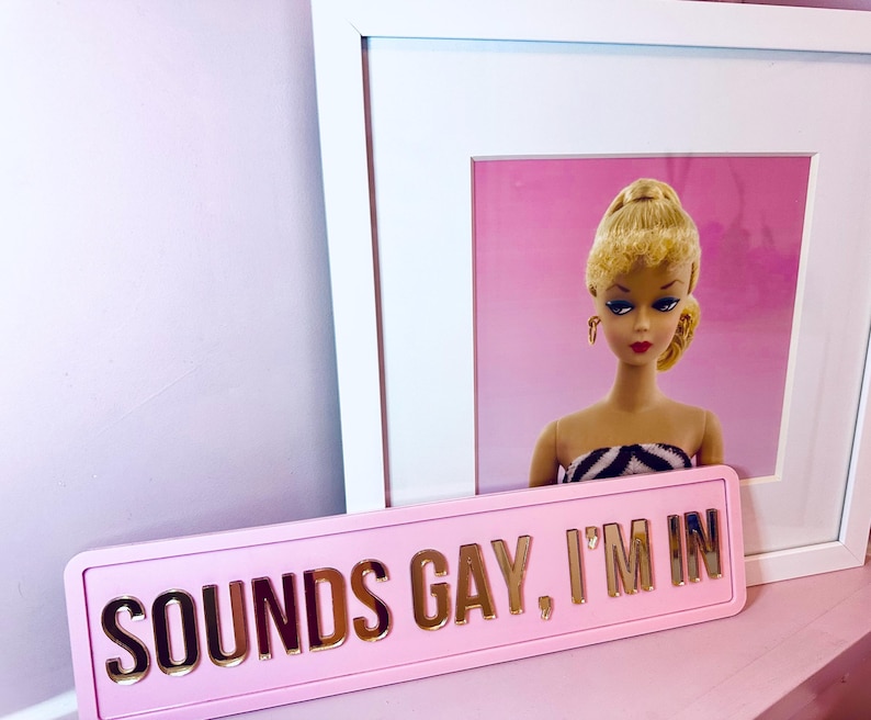 May include: Pink sign with gold lettering that reads "SOUNDS GAY, I'M IN". A framed picture of a blonde doll with a pink background is in the background.