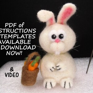 Może przedstawiać: Biały królik z filcu trzymający brązowy koszyk z filcu z pomarańczowymi marchewkami z filcu. Tekst "PDF of INSTRUCTIONS & TEMPLATES AVAILABLE to DOWNLOAD NOW! & VIDEO" znajduje się na obrazku.