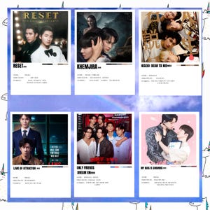 May include: A collage of six rectangular posters featuring television series titles including Reset, Khemjira, Kiseki: Dear to Me, Laws of Attraction, Only Friends Dream On, and My Bias Is Showing, each displaying cast photos, genre, and director details.