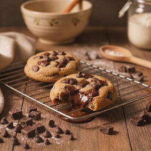 Peut inclure: Deux grands cookies aux pépites de chocolat sur une grille de refroidissement en métal. L'un des cookies est cassé, révélant un centre de chocolat fondu. Des morceaux de chocolat et une cuillère en bois sont visibles.