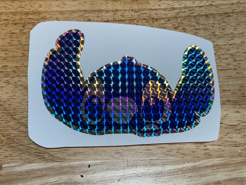 Pick your finish holographic prismatic brushed stitch peeking over window waterproof logo vinyl sticker Easy to customize. Fast shipping image 5