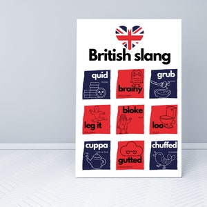 Puede incluir: Un póster blanco con un corazón rojo que contiene la bandera de la Union Jack. El póster tiene el texto "British slang" en letras negras. El póster está dividido en nueve cuadrados, cada uno con un fondo rojo y una ilustración azul. Cada cuadrado contiene una palabra de jerga británica y su significado.