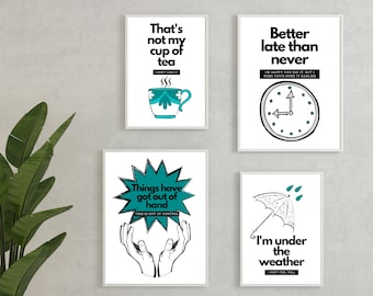4 x IDIOMS Posters, EFL Art Print, ESL Wall Art, Bedroom Poster, Language Printable, Living Room Decor, Digital Art