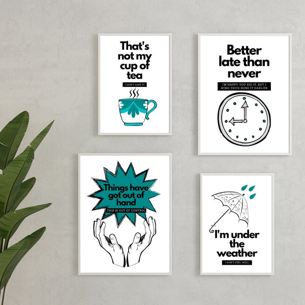 4 x IDIOMS Posters, EFL Art Print, ESL Wall Art, Bedroom Poster, Language Printable, Living Room Decor, Digital Art