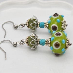 Green & Turquoise Murano Glass Earrings, Glass Beads Created in Venice, Italy, One of a Kind
