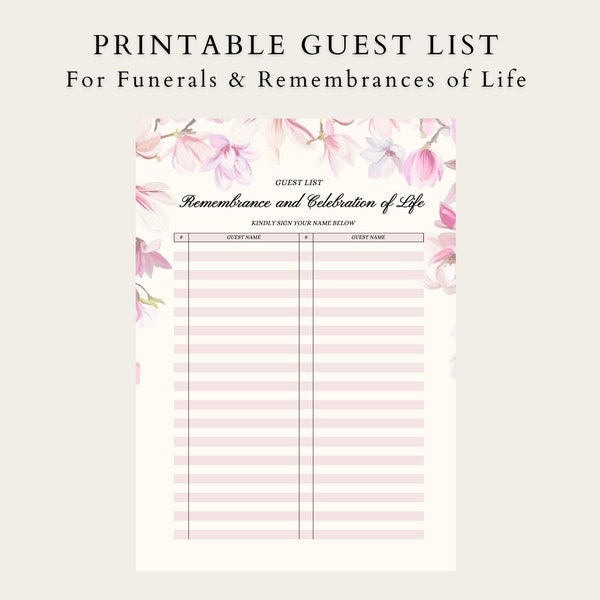Printable Guest List for Funeral | Guest list for Celebration of Life / Remembrance of Life | Digital Download