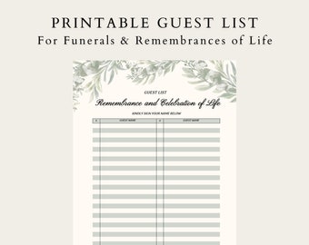 Lista de invitados imprimible para funeral / Lista de invitados para celebración de la vida / Recuerdo de la vida / Descarga digital