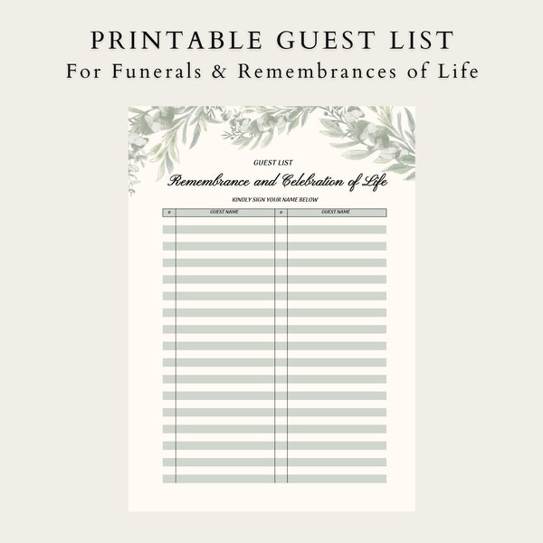 Printable Guest List for Funeral | Guest list for Celebration of Life / Remembrance of Life | Digital Download
