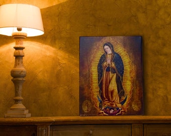 Virgen de Guadalupe Impresión en lienzo Arte católico hecho a mano pintado a mano e impreso en lienzo Tamaño de impresión: 7.0 'x 9.45'pulgadas (18 cm x 24 cm)