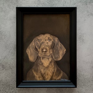 Chien, Teckel, Dessin de portrait, Cadeau, Animaux de compagnie, Fait à la main 24x18 cm - Pas d’impression, Peinture dessinée à la main avec des crayons graphite, Encadré