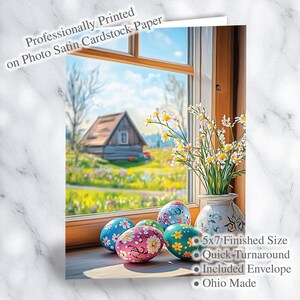 Vista dalla finestra primaverile con uova di Pasqua - Biglietto di auguri pasquale 5x7