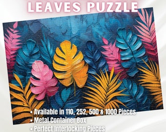 Vibrant Tropical Plant Leaves Jigsaw, 110-1000pc, Exotic Decor Puzzle, Shipped in a Metal Box