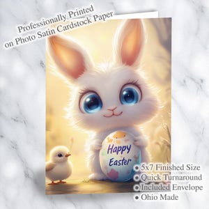 Adorable carte de Pâques avec lapin - 5 x 7 pouces de voeux imprimés avec enveloppe, papier cartonné professionnel satiné