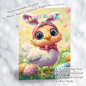Adorabile biglietto di auguri di Pasqua con pulcino nelle orecchie da coniglio – 5 x 7 pollici, biglietto di auguri stampato con busta, cartoncino satinato