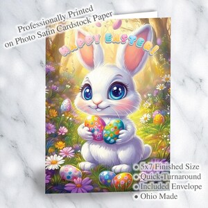 Charmante carte de lapin de Pâques - 5 x 7 pouces de voeux imprimés avec enveloppe, papier cartonné professionnel en satin