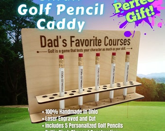 Personalized Golf Pencil Holder, Holds 23 Pencils, Laser Etched Baltic Birch, Hand-Finished Caddy for Golfers, 5 Personalized Golf Pencils!