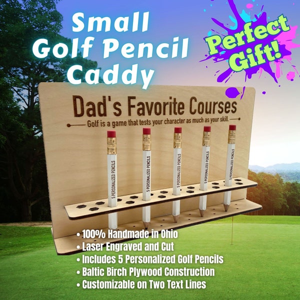 Personalized Golf Pencil Holder, Holds 23 Pencils, Laser Etched Baltic Birch, Hand-Finished Caddy for Golfers, 5 Personalized Golf Pencils!