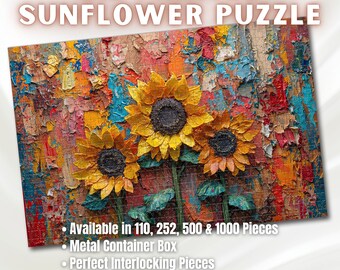 Textured Oil Paint Sunflowers Puzzle - Artistic 110-1000 Pieces for Creativity & Fun! Metal Box