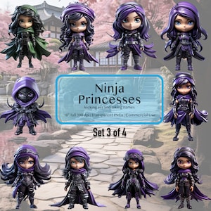 Ten Ninja Princesses Digital Download Images | Set 3 of 4 | Transparent PNGs | 300 dpi High-Resolution | Instant Download | Fantasy Art