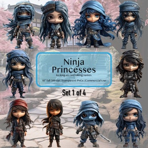 Ten Ninja Princesses Digital Download Images | Set 1 of 4 | Transparent PNGs | 300 dpi High-Resolution | Instant Download | Fantasy Art