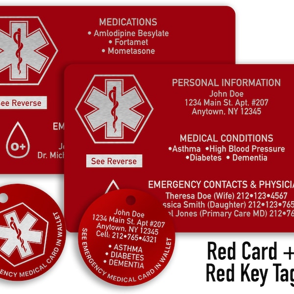 Emergency Medical Contact Card with Key Tag - Aluminum Credit Card Size