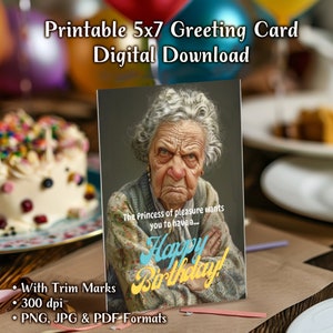 Funny Senior Lady Birthday Card, Humorous Old Woman Digital Print, Happy Birthday Greeting, Printable Elderly Woman Card image 1