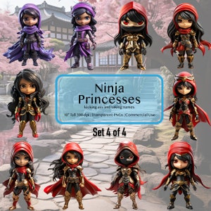 Ten Ninja Princesses Digital Download Images | Set 4 of 4 | Transparent PNGs | 300 dpi High-Resolution | Instant Download | Fantasy Art