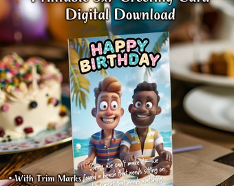 Happy Birthday Beach Sunset Card, Digital Download, Funny Birthday Greeting, Instant Download, Gay Couple