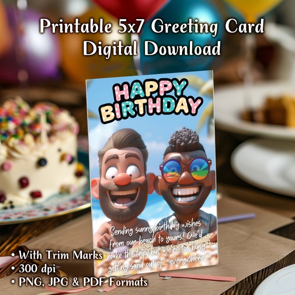 Happy Birthday Beach Card, Digital Download, Tropical Fun Birthday Greeting, Sunny Wishes, Instant PDF, JPEG, PNG, Gay Couple