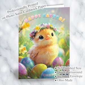Carte de Pâques Poussin printanier - 5 x 7 pouces de voeux imprimés avec enveloppe, papier cartonné satiné
