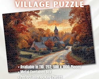 Quaint English Village Autumn Puzzle - 110-1000 Pieces, Idyllic Countryside Jigsaw! Metal Box