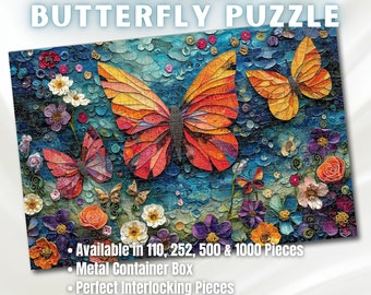 Artistic Butterfly Mosaic Puzzles - 110-1000 Pieces, Vivid Floral & Fauna Art for All! Metal Box