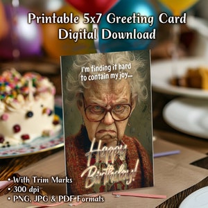 Carte de joyeux anniversaire drôle grincheux vieille dame, téléchargement numérique, haute résolution JPEG, PNG, PDF