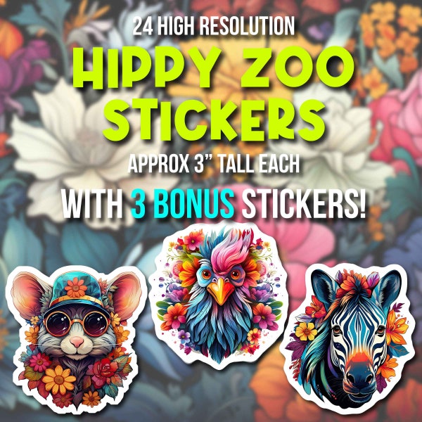 24 Hippy Zoo Sticker | 3 Bonus Sticker (insgesamt 27) | Hochauflösend 300dpi | DIY Kunst und Kunsthandwerk | Wasserfeste Aufkleber | Tier | 3 Zoll groß