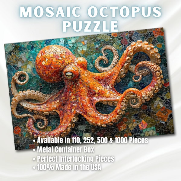 Mosaic Octopus Jigsaw Puzzle, Available in 110, 252, 500 & 1000 Pieces, Artistic Ocean Life, Colorful Tile Design, Detailed, Metal Box